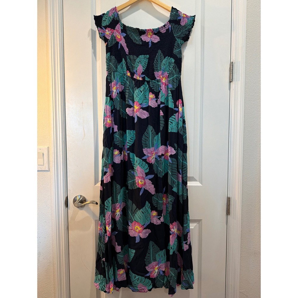 Lulus Tropical Floral Smocked Maxi Dress XL Navy Blue Orchid Palm Leaf Slit